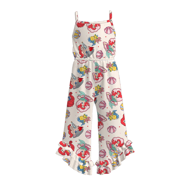 Girls cute cartoon print wide leg ruffle jumpsuit