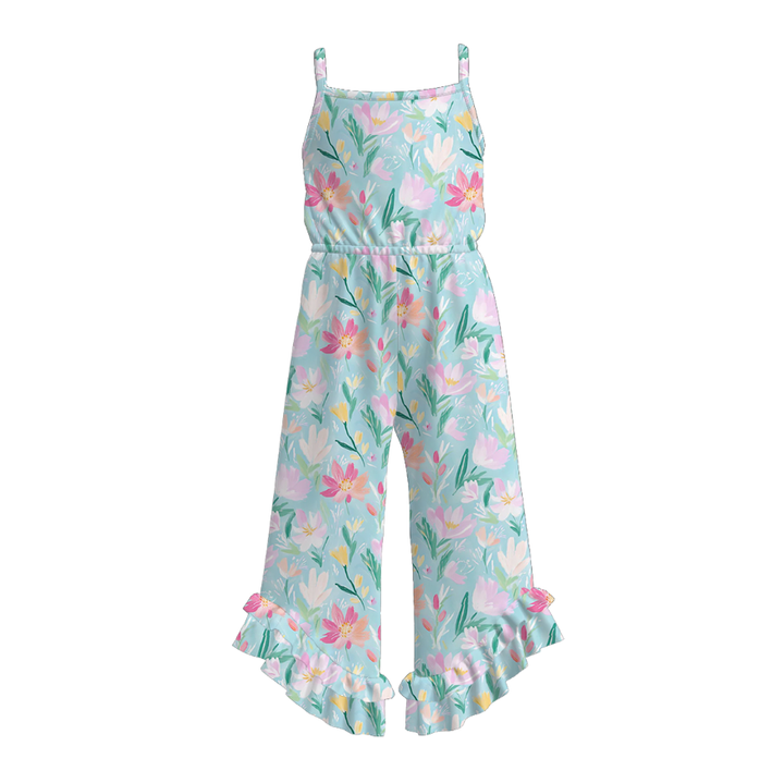 Girls cute cartoon print wide leg ruffle jumpsuit