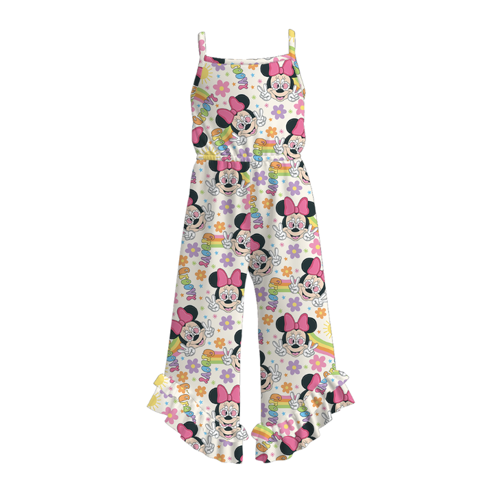 Girls cute cartoon print wide leg ruffle jumpsuit