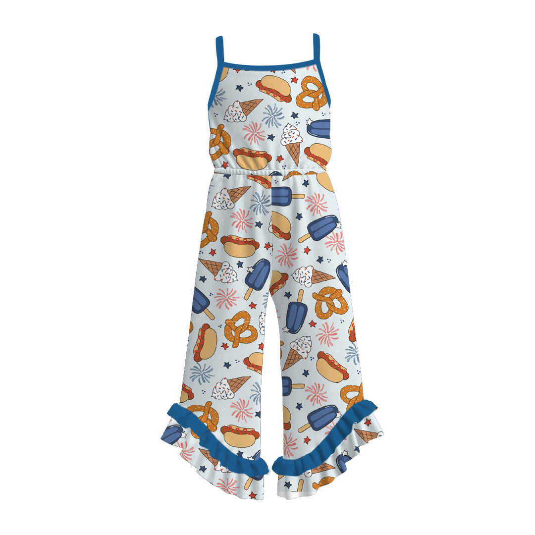 Girls 4th of July Patriotic print wide leg ruffle jumpsuit