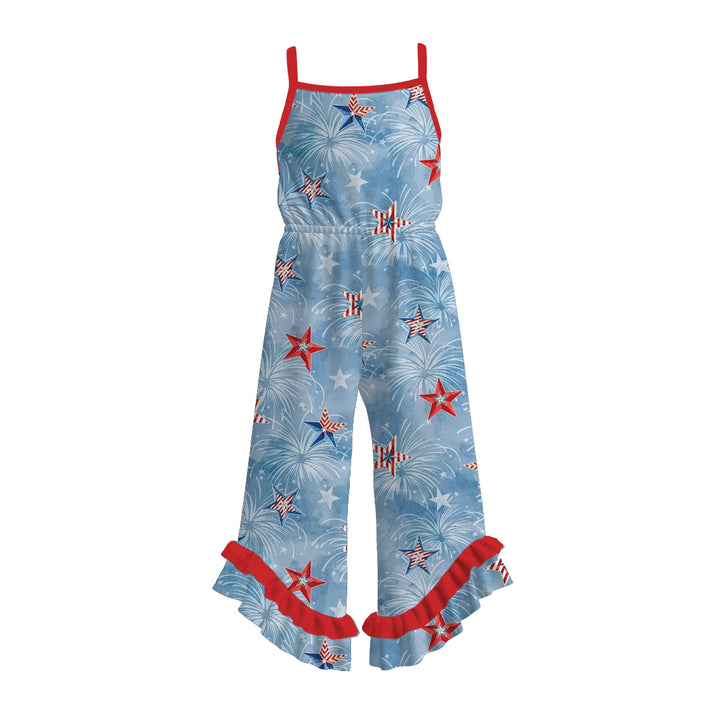 Girls 4th of July Patriotic print wide leg ruffle jumpsuit