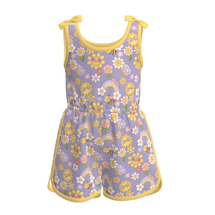 Bowknot sunflower sleeveless romper for girls