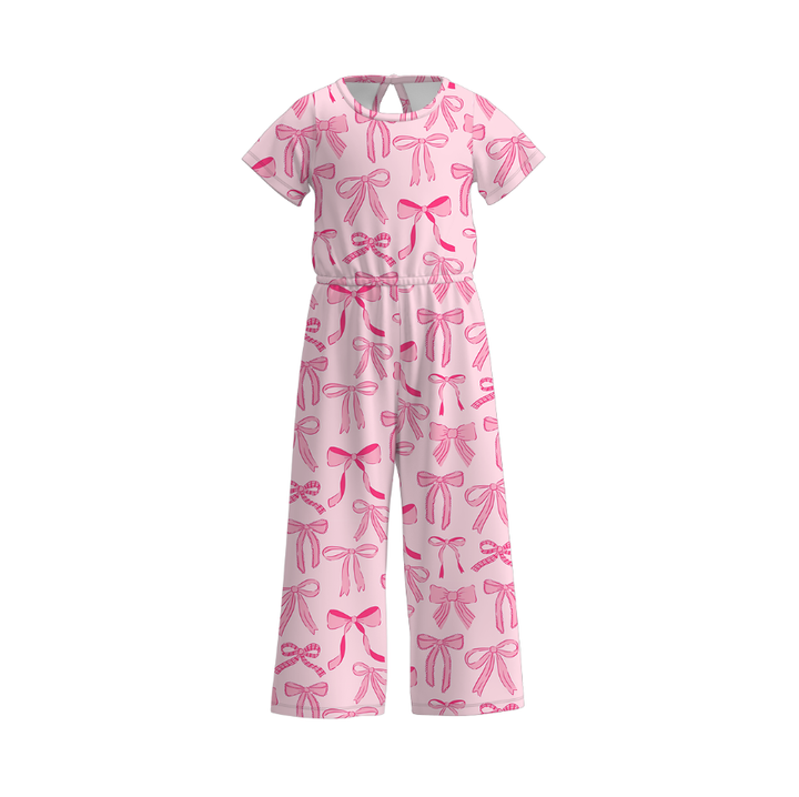 Girls summer Bow printed short sleeve jumpsuit