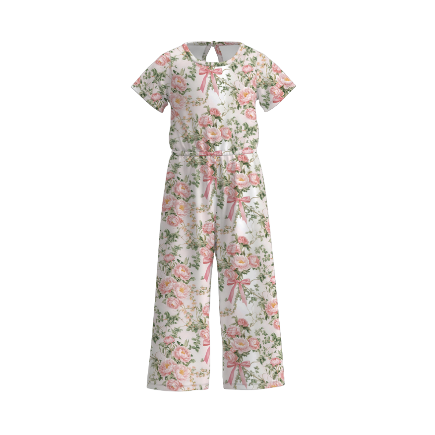Girls summer Bow printed short sleeve jumpsuit