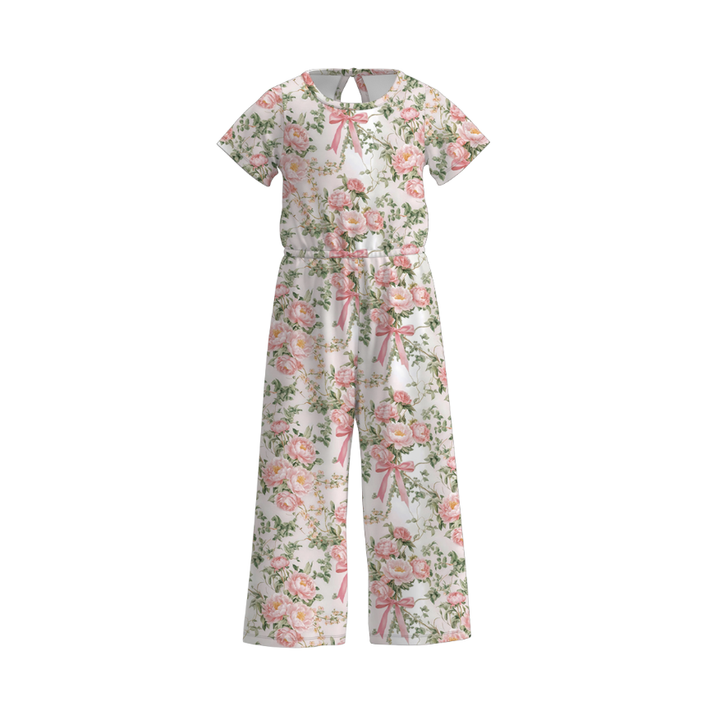 Girls summer Bow printed short sleeve jumpsuit