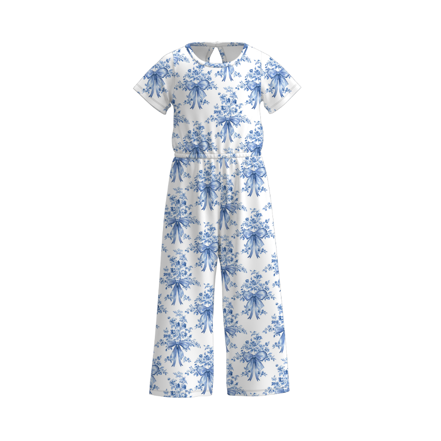 Girls summer Bow printed short sleeve jumpsuit