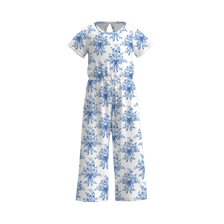 Girls summer Bow printed short sleeve jumpsuit