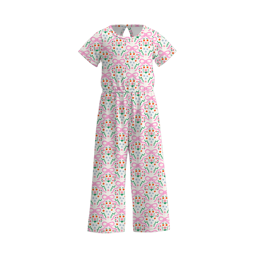Girls summer Bow printed short sleeve jumpsuit