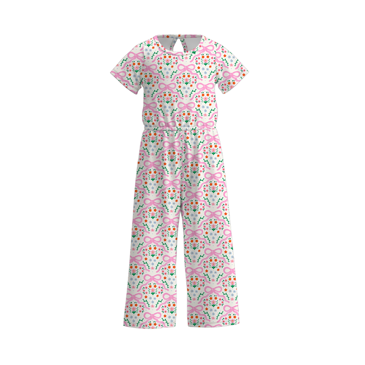 Girls summer Bow printed short sleeve jumpsuit