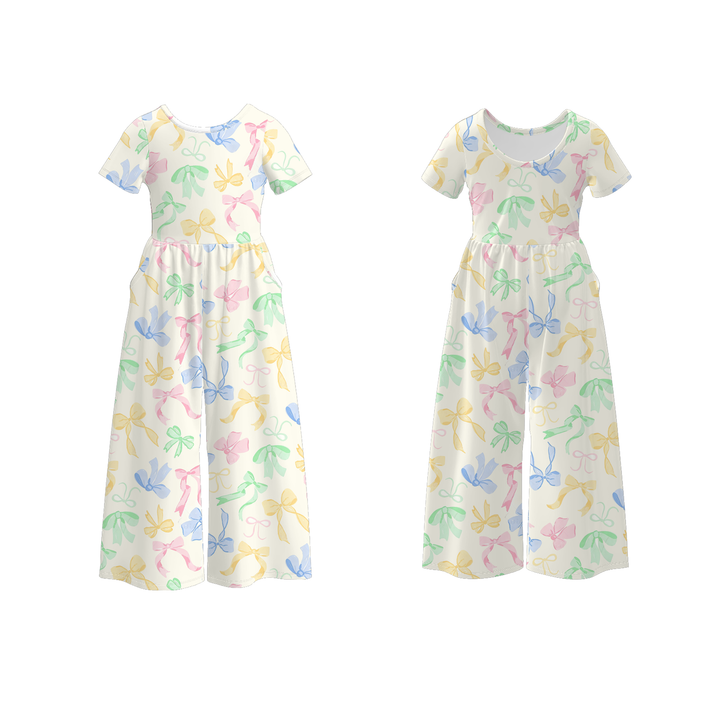 Easter pastel bow printed cute jumpsuit for girls