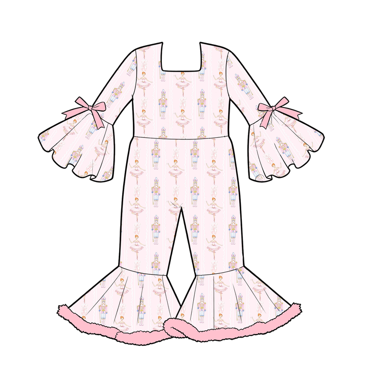 Girls Christmas Cartoon Monster Jumpsuit Bell Bottom Ruffle Sleeve Romper