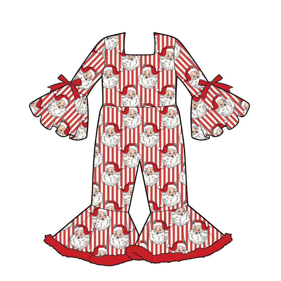Girls Christmas Cartoon Monster Jumpsuit Bell Bottom Ruffle Sleeve Romper
