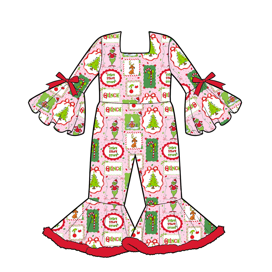 Girls Christmas Cartoon Monster Jumpsuit Bell Bottom Ruffle Sleeve Romper