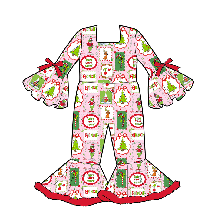 Girls Christmas Cartoon Monster Jumpsuit Bell Bottom Ruffle Sleeve Romper