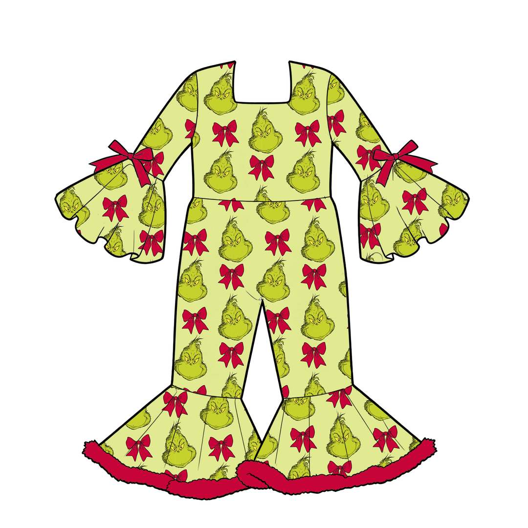 Girls Christmas Cartoon Monster Jumpsuit Bell Bottom Ruffle Sleeve Romper