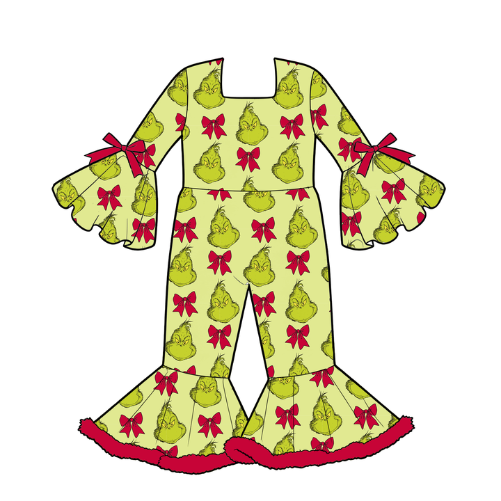 Girls Christmas Cartoon Monster Jumpsuit Bell Bottom Ruffle Sleeve Romper
