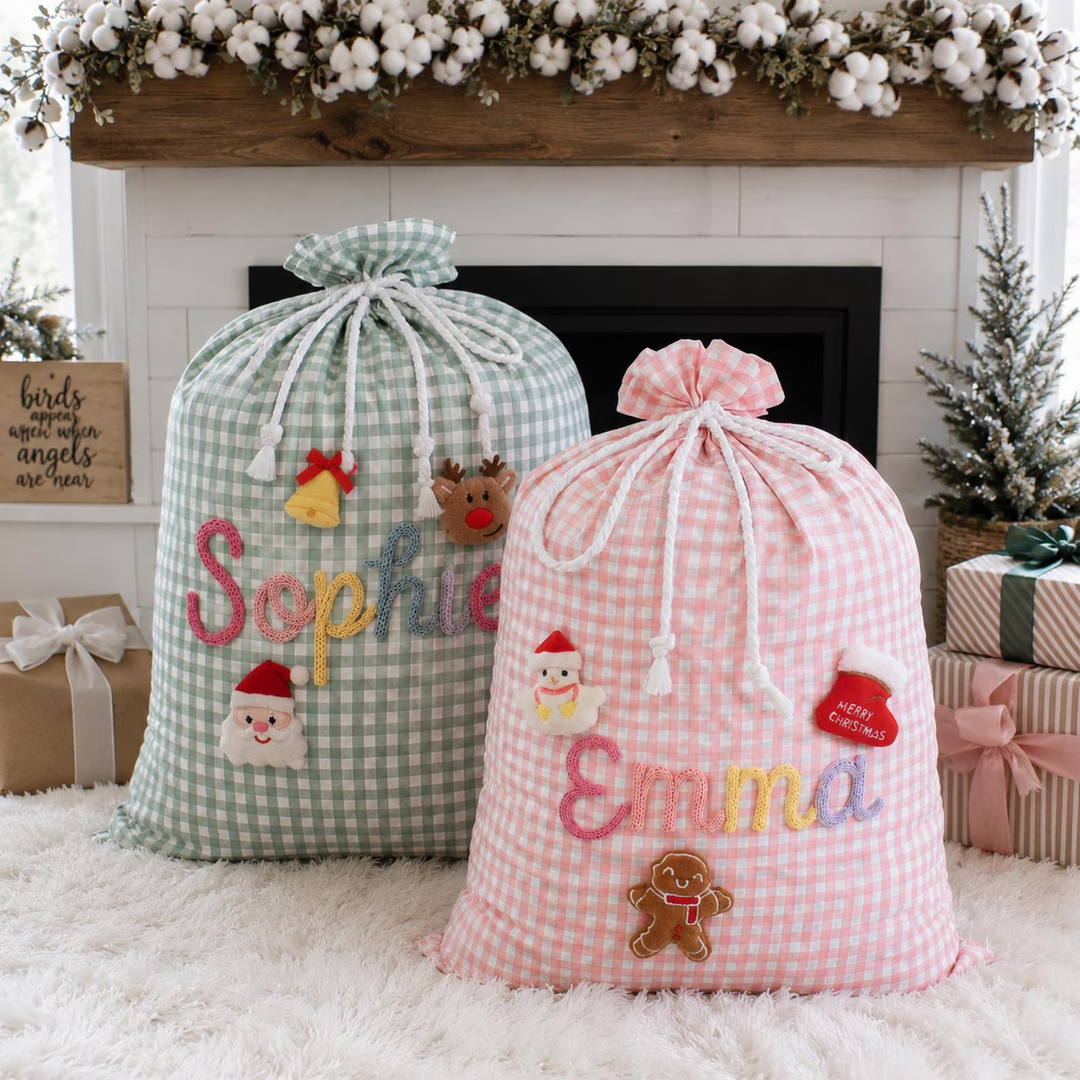 Personalized Embroidered Name Christmas Sack Large Gingham Gift Bag