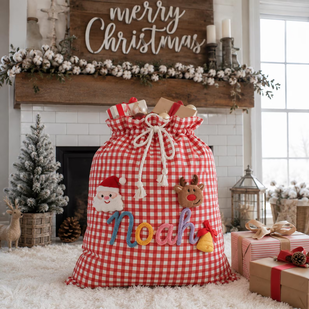 Personalized Embroidered Name Christmas Sack Large Gingham Gift Bag