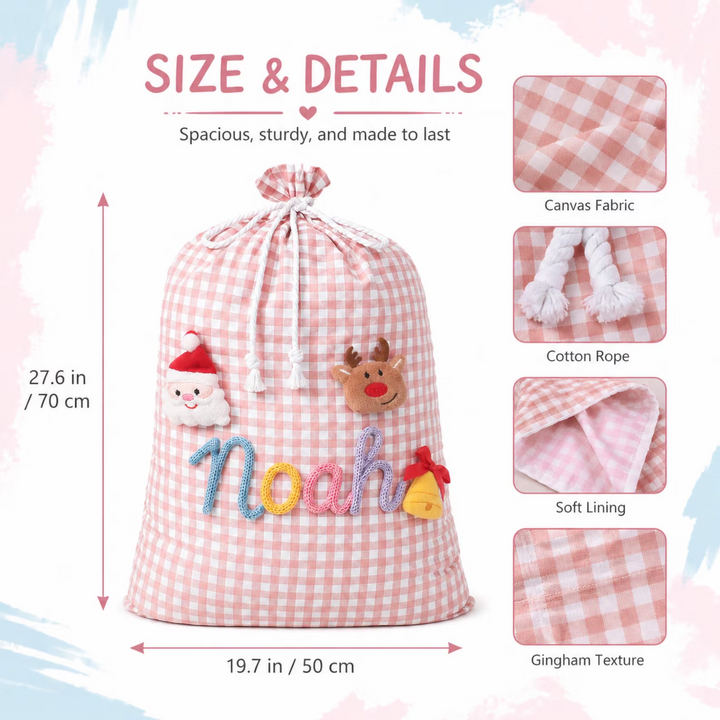 Personalized Embroidered Name Christmas Sack Large Gingham Gift Bag