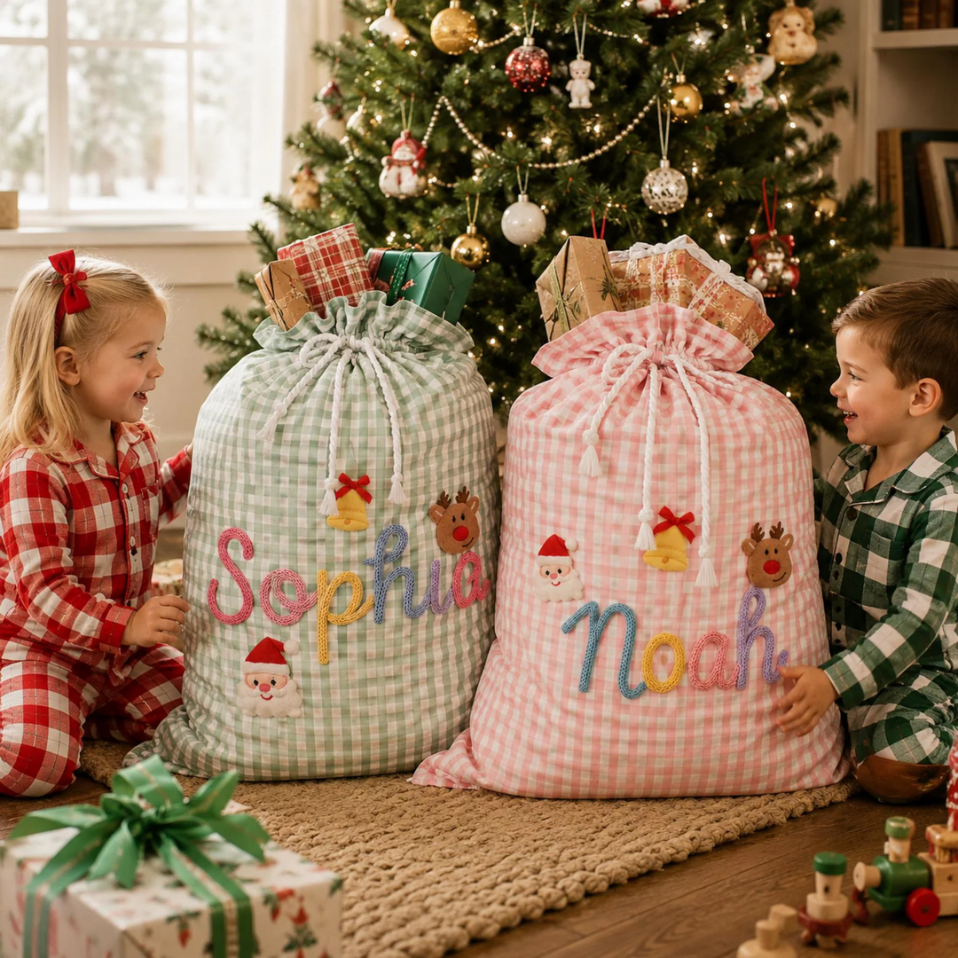 Personalized Embroidered Name Christmas Sack Large Gingham Gift Bag