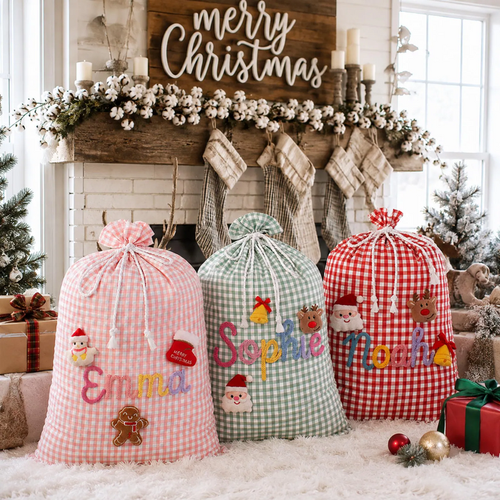 Personalized Embroidered Name Christmas Sack Large Gingham Gift Bag
