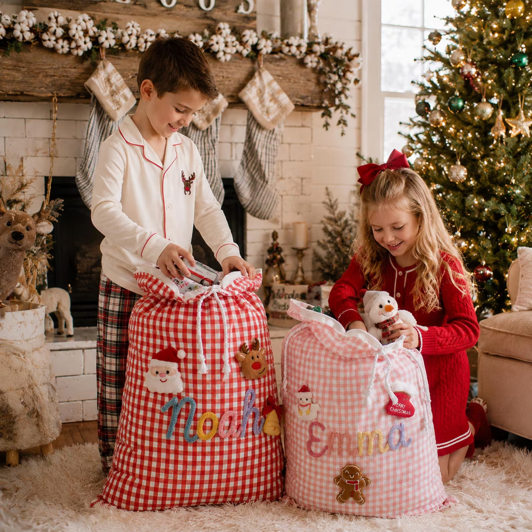 Personalized Embroidered Name Christmas Sack Large Gingham Gift Bag