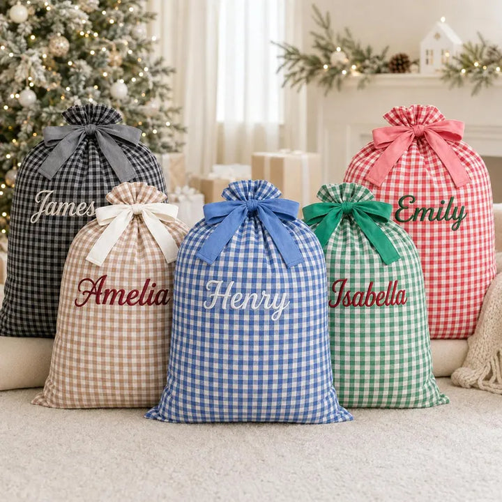 Personalized Gingham Christmas Sack Custom Embroidered Name Santa Bag