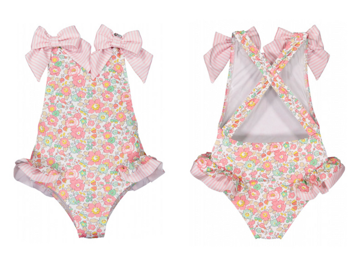 Pink flower bow swimsuit for girls
