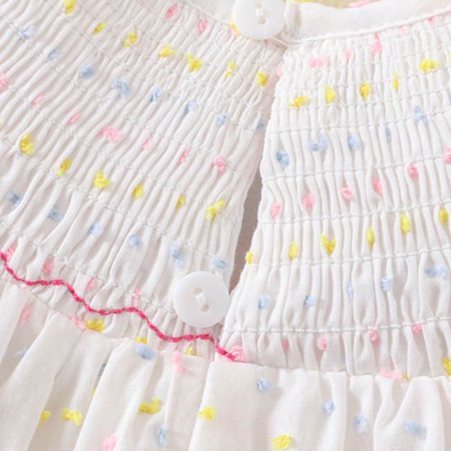 Cake embroidery smocked dress with puff sleeves