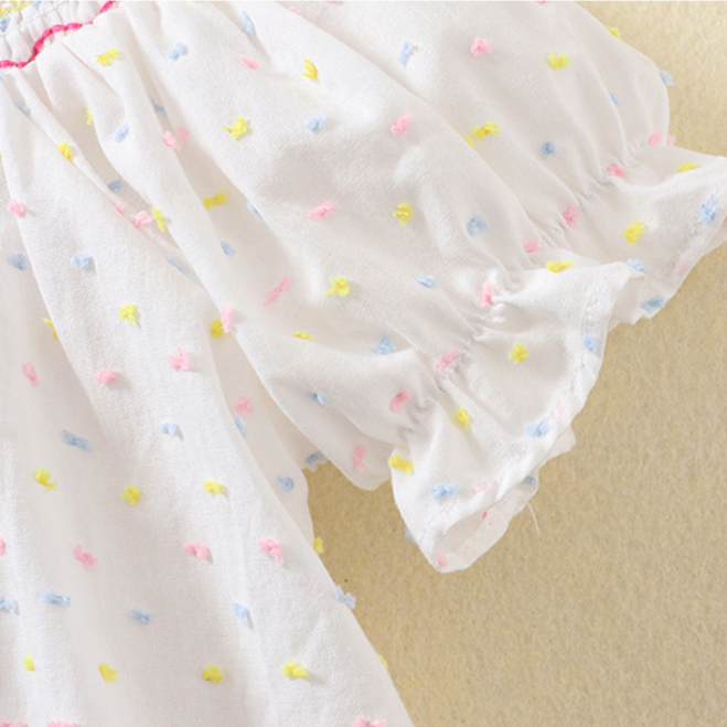 Cake embroidery smocked dress with puff sleeves