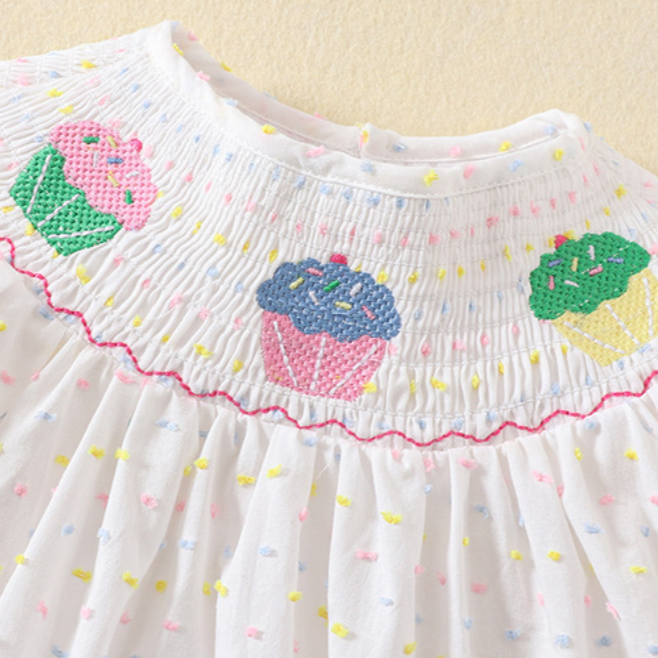 Cake embroidery smocked dress with puff sleeves