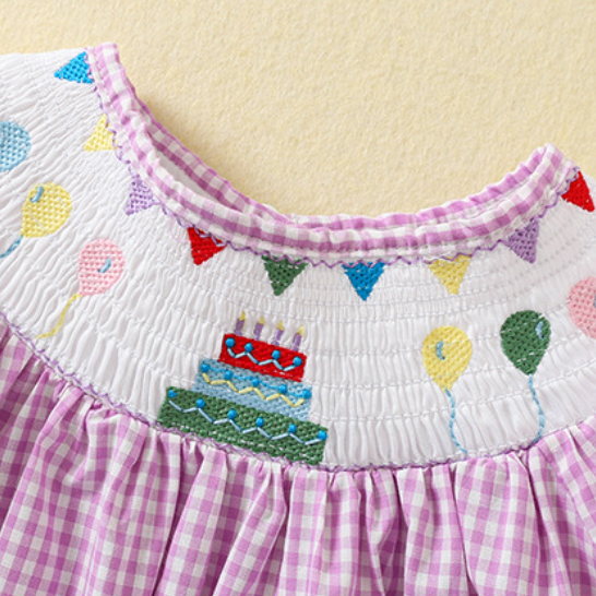 Purple plaid Birthday smocked dress with exquisite embroidery