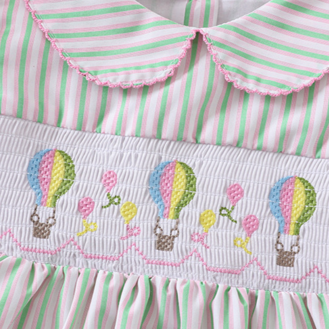 Pink&Green Striped smocked dress with Hot Air Balloon Embroidery