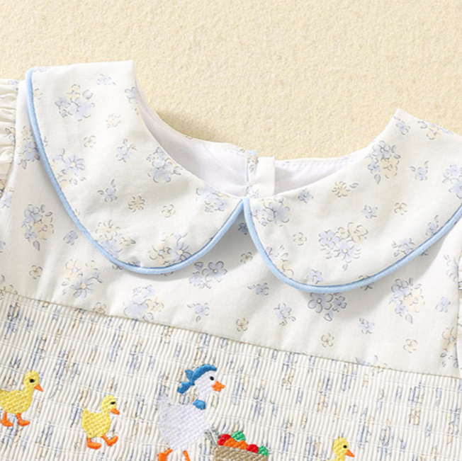Cute duck embroidered cotton floral smocked dress