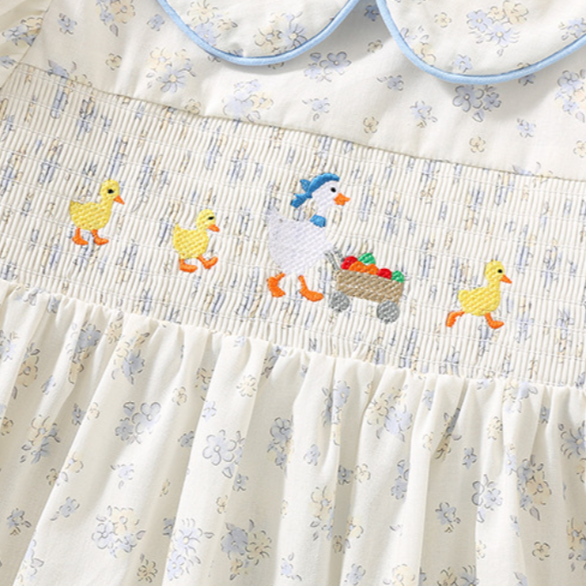 Cute duck embroidered cotton floral smocked dress