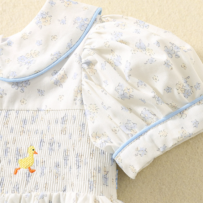 Cute duck embroidered cotton floral smocked dress