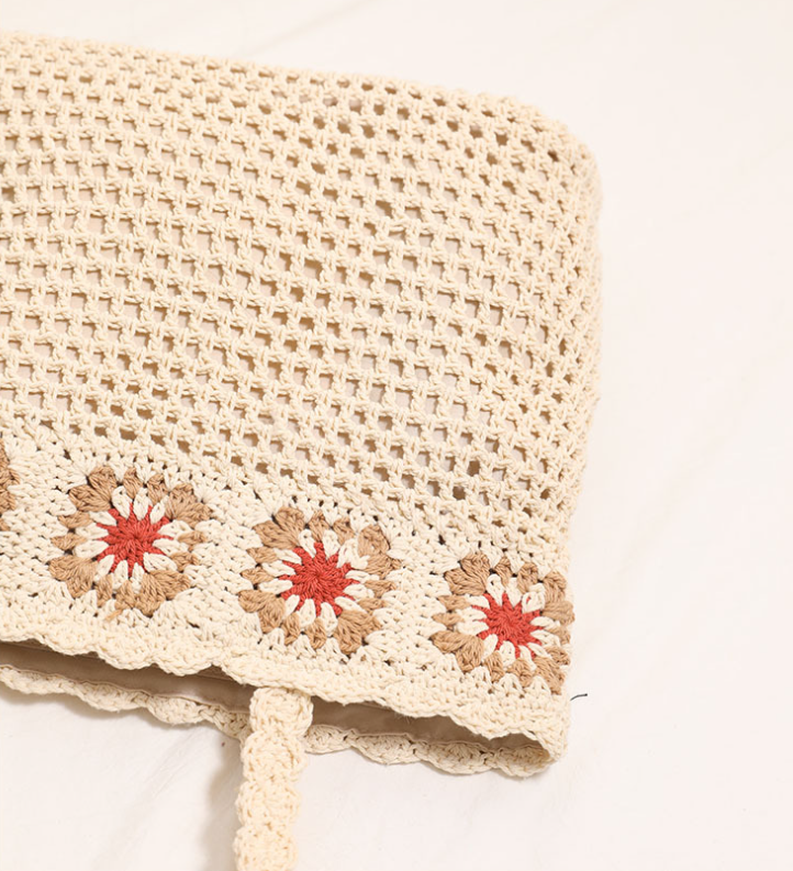 Large capacity cotton woven bag hollow flower knitted beach bag