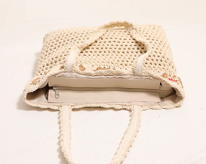 Large capacity cotton woven bag hollow flower knitted beach bag