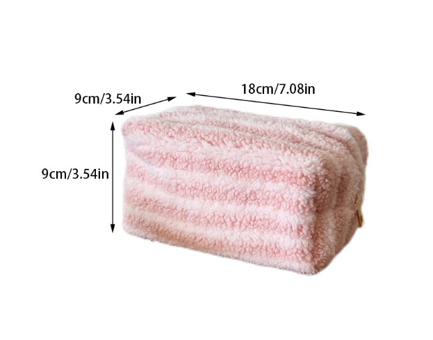Contrast stripes large capacity furry cosmetic bag