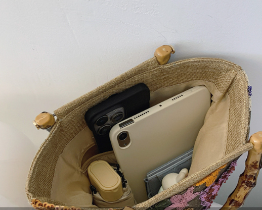 Sequin Floral Embroidered Bamboo Handle Tote Bag