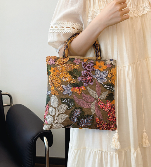 Sequin Floral Embroidered Bamboo Handle Tote Bag