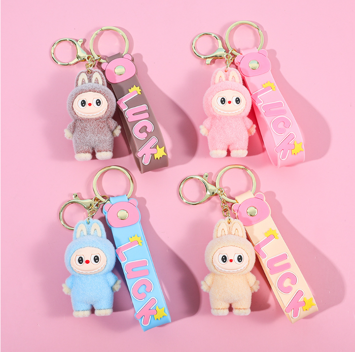 Labubu flocking keychain labubu pendant school gift