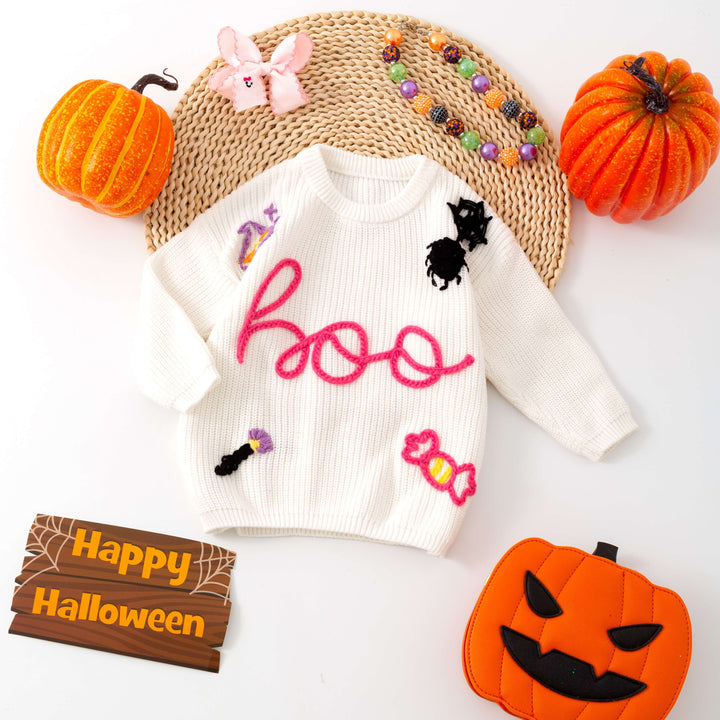 Bow boo Embroidered  Halloween knitted Sweater