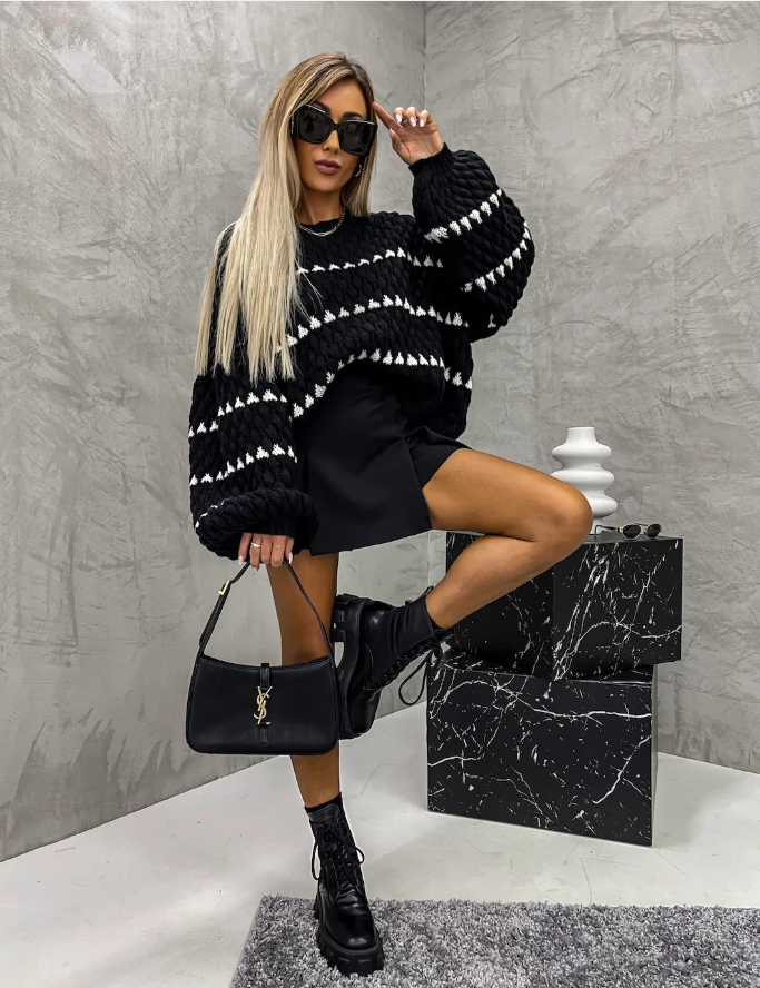 Big Needles Loose cable Striped knit sweater