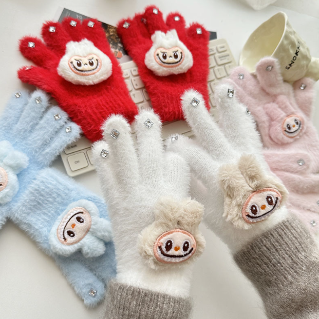 Labubu Five-finger warm knitted diamond furry gloves