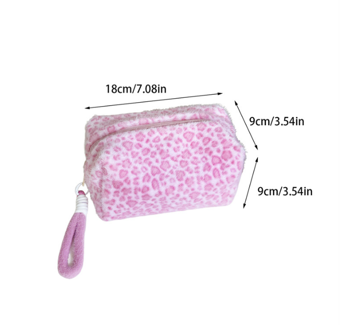 Pink leopard plush portable cosmetic bag