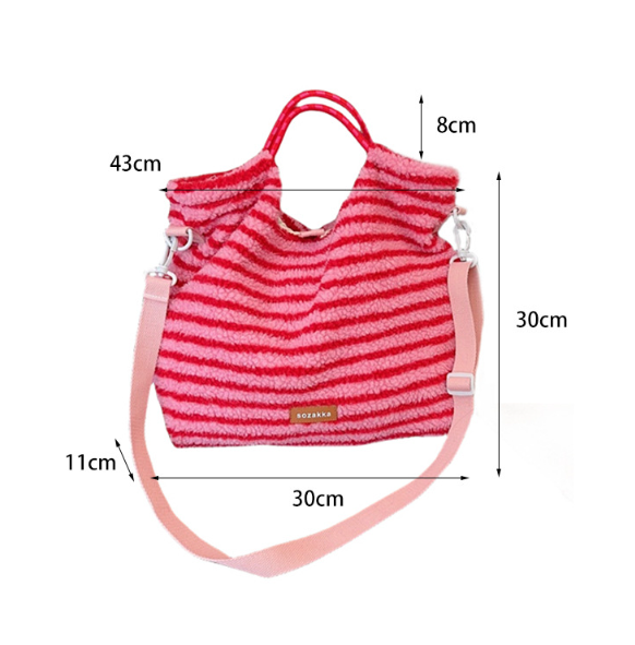 Striped plush large capacity shoulder tote bag