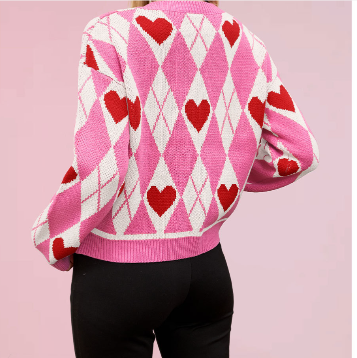 Valentine's Heart diamond jacquard knitted cardigan sweater