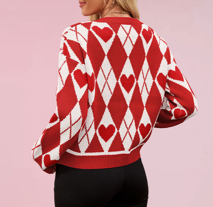 Valentine's Heart diamond jacquard knitted cardigan sweater