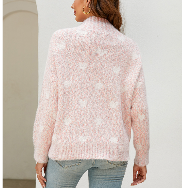 Valentine's Heart jacquard turtleneck sweater for women